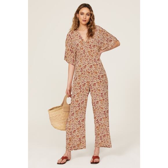 Vanessa Bruno Pants - VANESSA BRUNO Orange Floral Print V-Neckline Short Sleeves Jumpsuit Size 38